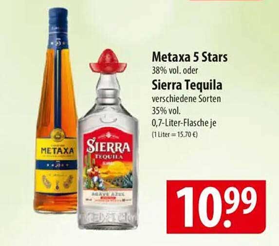 Metaxa 5 Stars 38% vol. oder Sierra Tequila 35% vol. - 0,7-Liter-Flasche je