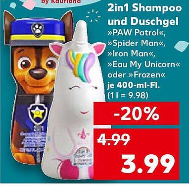 2in1 Shampoo und Duschgel »PAW Patrol«, »Spider Man«, »Iron Man«, »Eau My Unicorn« oder »Frozen« je 400-ml-Fl.