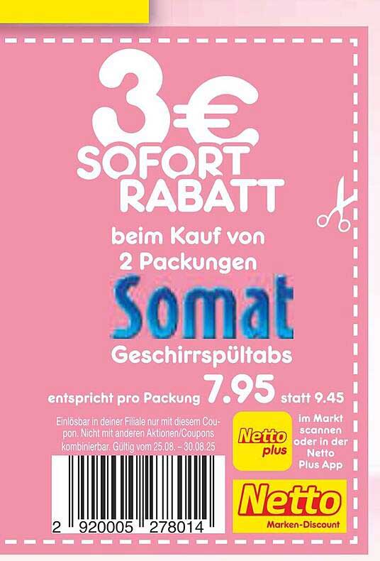 3 € Sofortrabatt beim Kauf von 2 Packungen Somat Geschirrspültabs