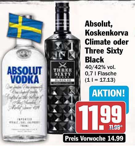 Absolut, Koskenkorva Climate oder Three Sixty Black - 0,7 l Flasche