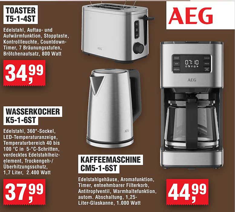 AEG Toaster T5-1-4ST, Wasserkocher K5-1-6ST und Kaffeemaschine CM5-1-6ST