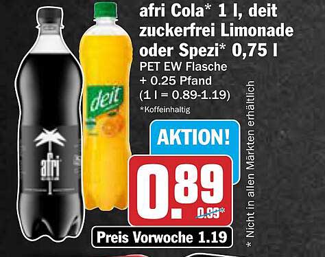 Afri Cola 1 l, Deit zuckerfrei Limonade oder Spezi 0,75 l für nur 0,89 €