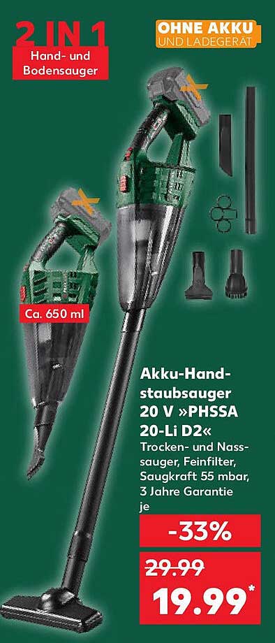 Akku-Handstaubsauger 20 V »PHSSA 20-Li D2« – 2 IN 1 Hand- und Bodensauger
