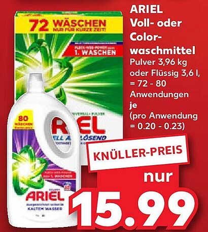 ARIEL Voll- oder Colorwaschmittel Pulver 3,96 kg oder Flüssig 3,6 l – knüller Preis!