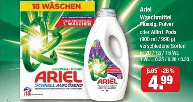 Ariel Waschmittel Flüssig, Pulver oder All-in-1 Pods (900 ml / 990 g) - verschiedene Sorten
