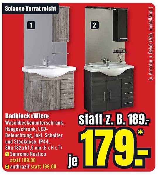 Badblock »Wien« Waschbeckenunterschrank, Häneschrank mit LED-Beleuchtung