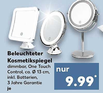 Beleuchteter Kosmetikspiegel dimmbar, One Touch Control, ca. Ø 13 cm, inkl. Batterien, 3 Jahre Garantie