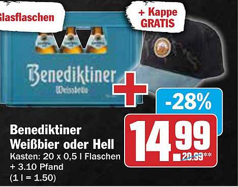 Benediktiner Weißbier oder Hell - Kasten mit 20 x 0,5 l Flaschen + Gratis Kappe