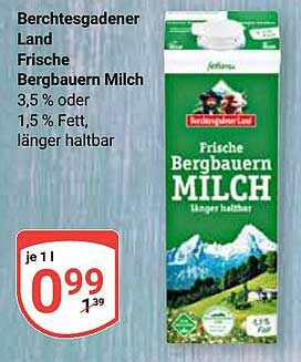 Berchtesgadener Land Frische Bergbauern Milch 3,5 % oder 1,5 % Fett, länger haltbar