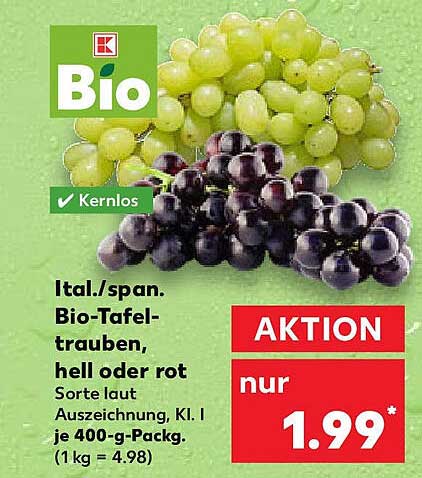 Bio-Tafeltrauben, hell oder rot, 400-g-Pack