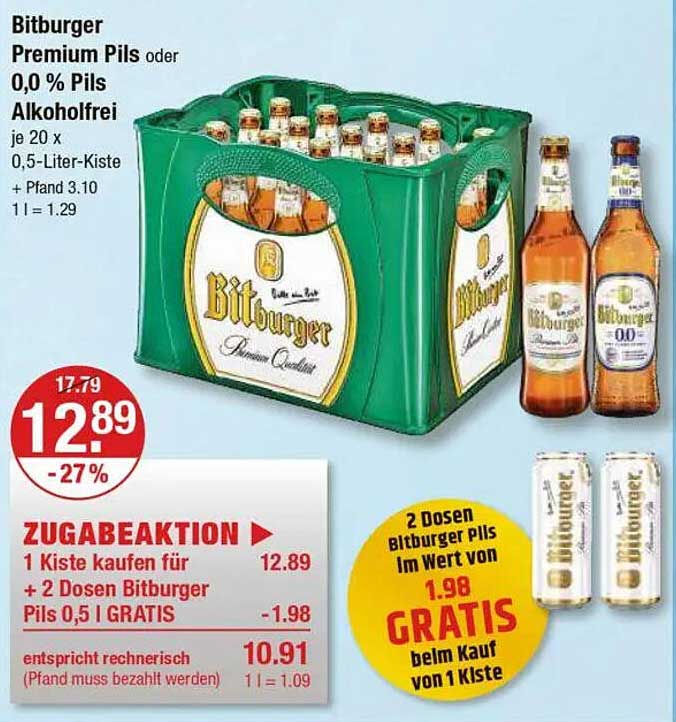 Bitburger Premium Pils oder 0,0% Pils Alkoholfrei - Aktionsangebot im V-Markt