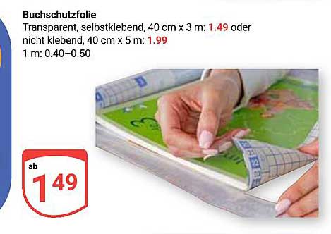 Buchschutzfolie Transparent, selbstklebend 40 cm x 3 m für nur 1,49 €