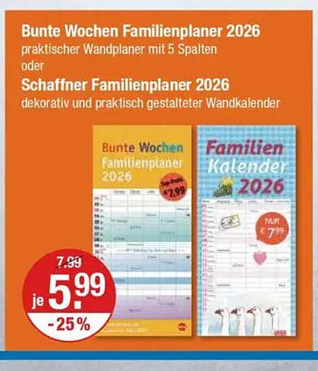Bunte Wochen Familienplaner 2026 oder Schaffner Familienplaner 2026