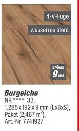 Burgeiche Laminat - 4-V-Fuge, wasserresistent, Stärke 9 mm