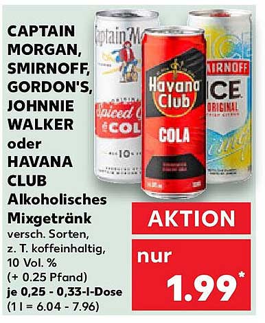 CAPTAIN MORGAN, SMIRNOFF, GORDON'S, JOHNNIE WALKER oder HAVANA CLUB Alkoholfreies Mixgetränk