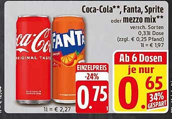 Coca-Cola, Fanta, Sprite oder mezzo mix – 0,33 l Dose