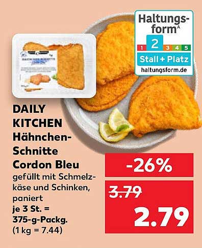 DAILY KITCHEN Hänchenschnitte Cordon Bleu gefüllt mit Schmelzkäse und Schinken, paniert
