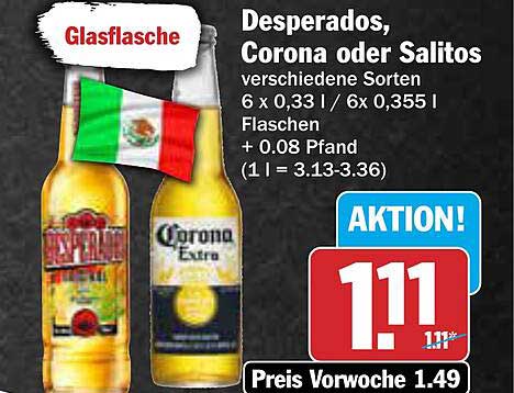 Desperados, Corona oder Salitos - 6 x 0,33 l Glasflasche