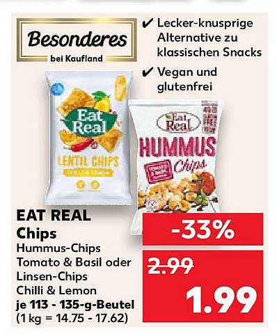 EAT REAL Chips - Hummus-Chips und Linsen-Chips in verschiedenen Geschmacksrichtungen