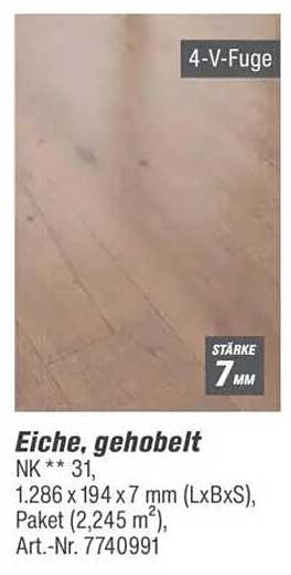 Eiche, gehobelt, NK ** 31, 1.286 x 194 x 7 mm (LxBxS), Paket (2,245 m²)