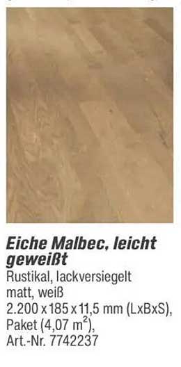 Eiche Malbec, leicht geweißt - Rustikal, lackversiegelt, matt, weiß