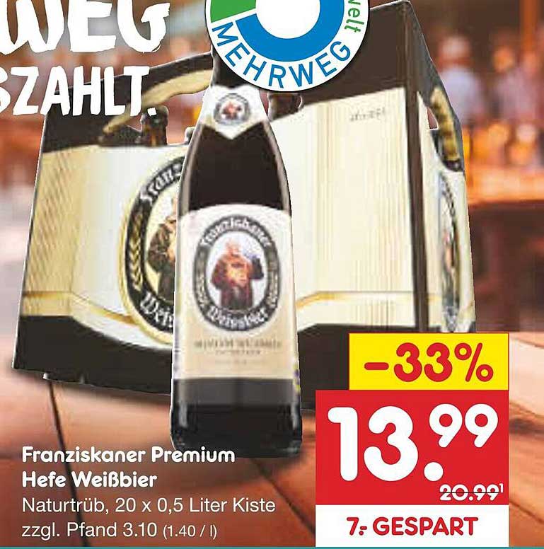 Franziskaner Premium Hefe Weißbier, Naturtrüb, 20 x 0,5 Liter Kiste