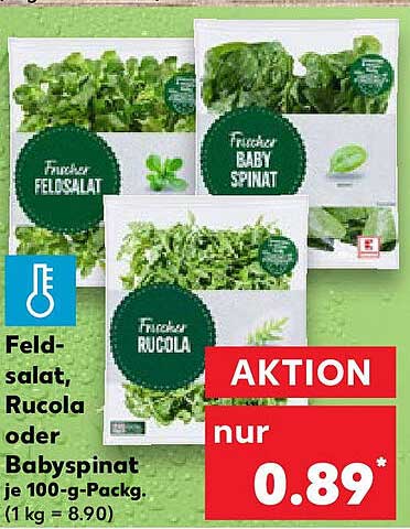 Frischer Feldsalat, Rucola oder Babyspinat je 100-g-Pack.