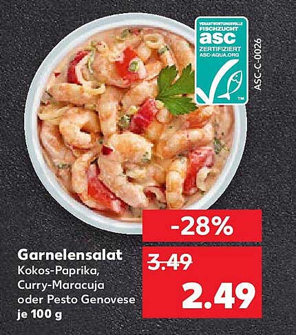 Garnelensalat Kokos-Paprika, Curry-Maracuja oder Pesto Genovese je 100 g