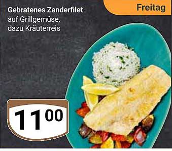 Gebratenes Zanderfilet auf Grillgemüse, dazu Kräuterreis