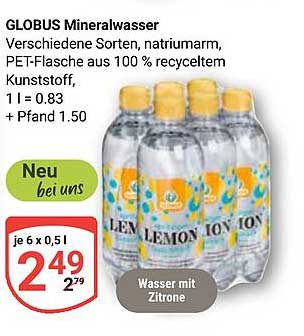 GLOBUS Mineralwasser - 6 x 0,5 l Flaschen, mit Zitrone