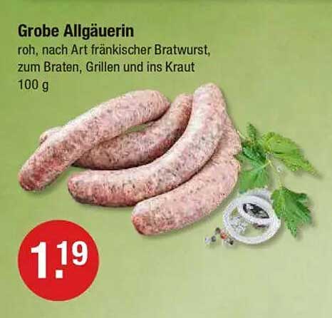 Grobe Allgäuerin - roh, nach Art fränkischer Bratwurst, zum Braten, Grillen und ins Kraut, 100 g