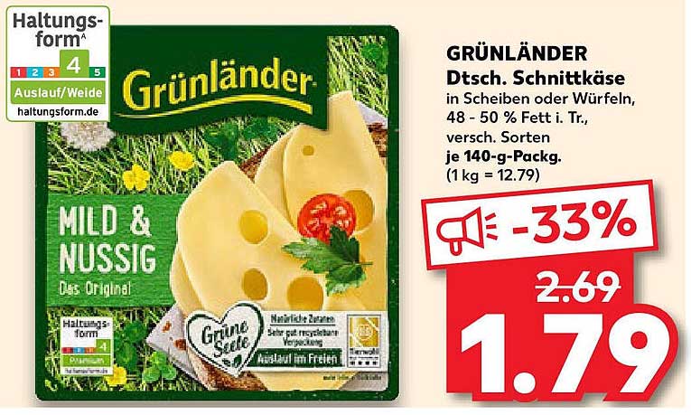 GRÜNLÄNDER Deutscher Schnittkäse in Scheiben oder Würfeln, 48 - 50 % Fett i. Tr., versch. Sorten je 140-g-Pack.