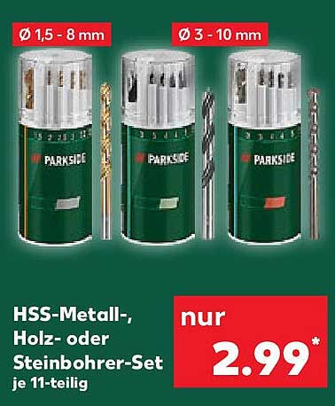 HSS-Metall-, Holz- oder Steinbohrer-Set je 11-teilig