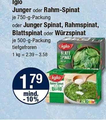 Iglo Jungspinat oder Rahm-Spinat 750-g-Packung oder Jungspinat, Rahmspinat, Blattspinat oder Würzspinat 500-g-Packung