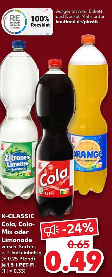 K-CLASSIC Cola, Cola-Mix oder Limonade 1,5 l für nur 0,49 €
