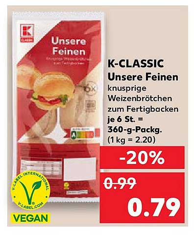 K-CLASSIC Unsere Feinen knusprige Weizenbrötchen je 6 St. -20%