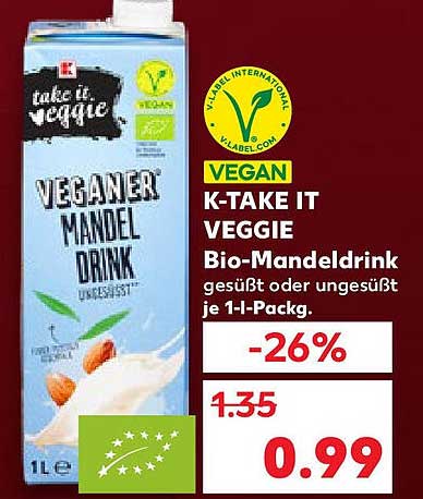 K-Take It Veggie Bio-Mandeldrink ungesüßt oder gesüßt 1 l