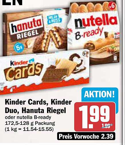 Kinder Cards, Kinder Duo, Hanuta Riegel oder nutella B-ready 172,5-128 g