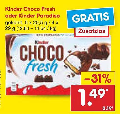 Kinder Choco Fresh oder Kinder Paradiso, gekühlt, 5 x 20,5 g / 4 x 29 g