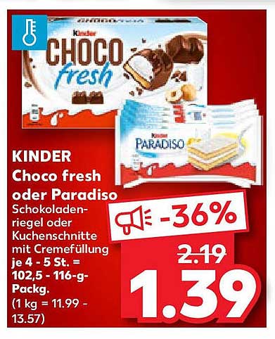 KINDER Choco fresh oder Paradiso – Schokoladenriegel oder Kuchenschnitte mit Cremefüllung