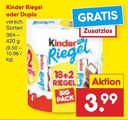 Kinder Riegel oder Duplo, 364 – 420 g, Aktion für nur 3,99