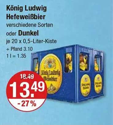 König Ludwig Hefeweißbier verschiedene Sorten oder Dunkel - je 20 x 0,5-Liter-Kiste