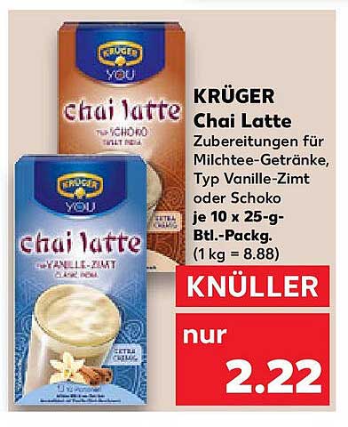 KRÜGER Chai Latte Zubereitungen für Milchtee-Getränke, Typ Vanille-Zimt oder Schoko, je 10 x 25-g-Btl.-Packung