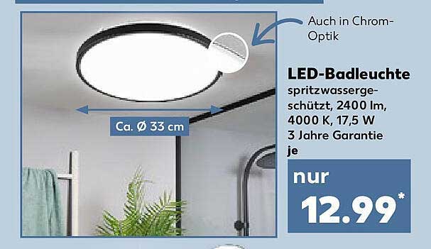 LED-Badleuchte spritzwassergeschützt, 2400 lm, 4000 K, 17,5 W, 3 Jahre Garantie je