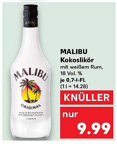 MALIBU Kokoslikör mit weißem Rum, 18 Vol. %, je 0,7-l-Fl.