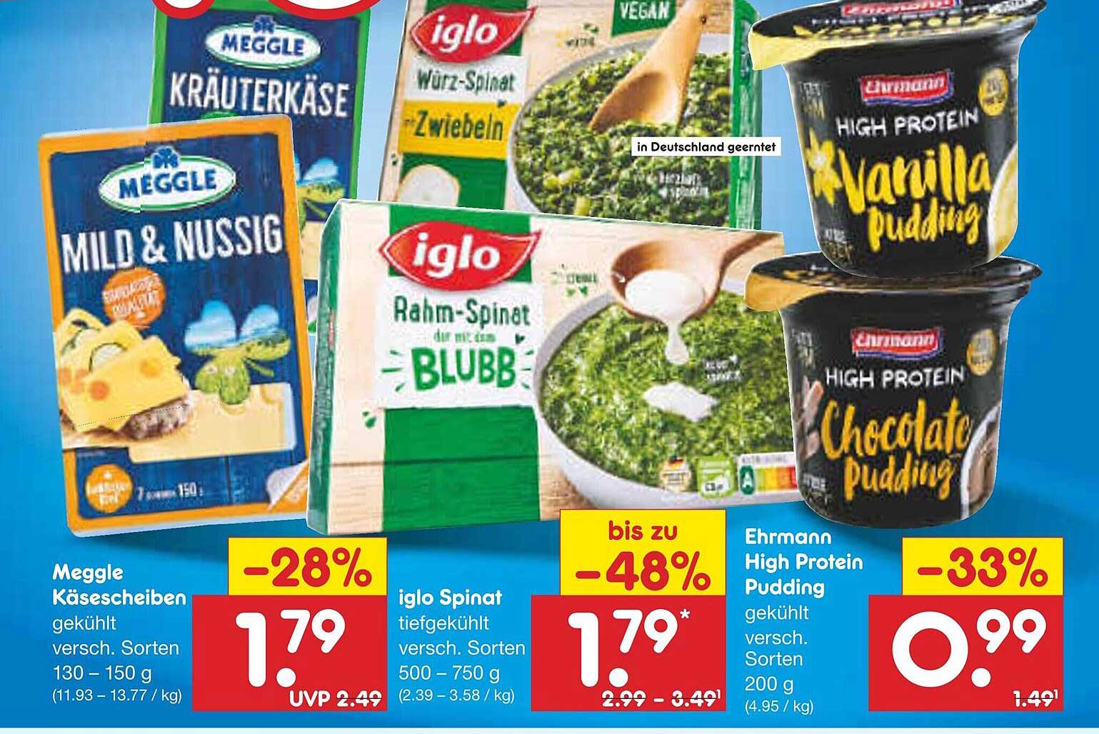 Meggle Käse-, iglo Spinat und Ehrmann Pudding - Schmackhafte Angebote im Netto Marken-Discount