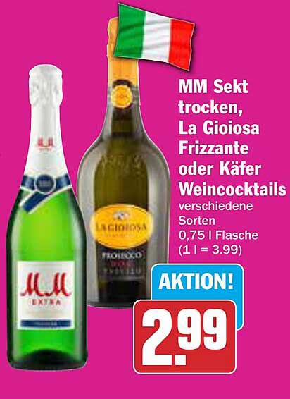 MM Sekt trocken, La Gioiosa Frizzante oder Käfer Weincocktails – verschiedene Sorten