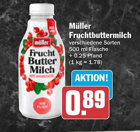 Müller Fruchtbuttermilch verschiedene Sorten 500 ml Flasche + 0.25 Pfand