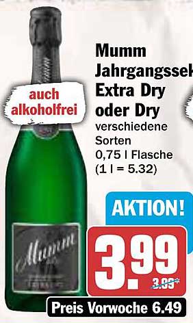 Mumm Jahrgangssekt Extra Dry oder Dry, verschiedene Sorten, 0,75 l Flasche