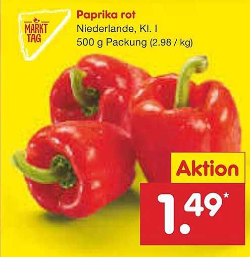 Paprika rot, Niederlande, Kl. I 500 g Packung (2,98 €/kg)